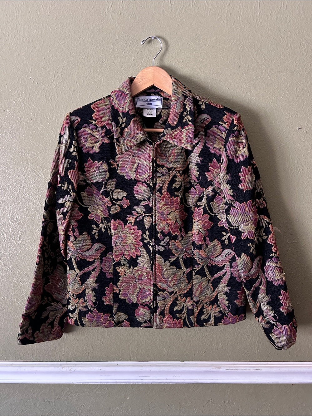 Vintage Floral Tapestry Zip Jacket - Boho Whimsy Romantic Black & Pink Sz 14